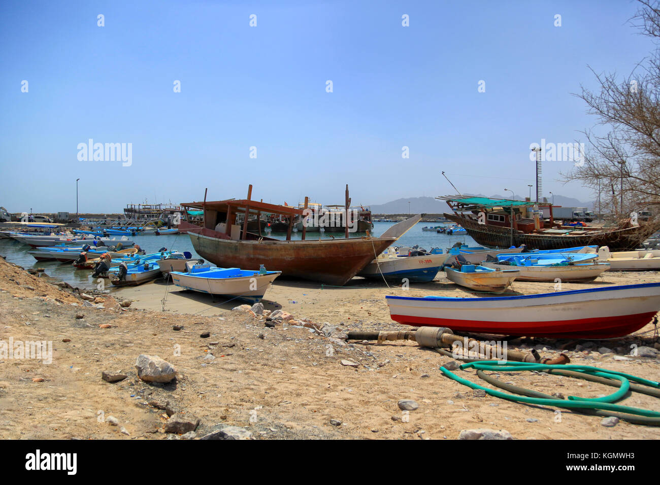 View on a little harbour in Oman during sunset, 18.april 2012 Stock Photo