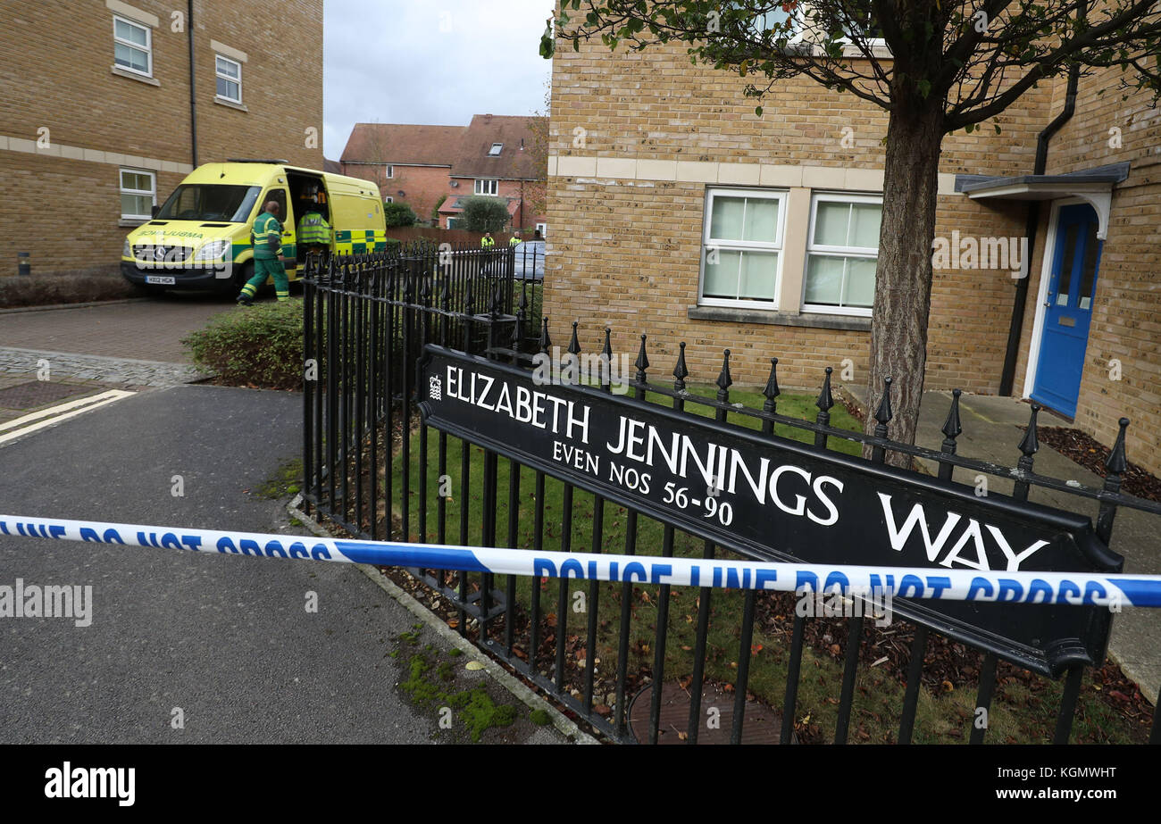 Emergency services remain at the block of flats in Elizabeth Jennings Way, Oxford, after a