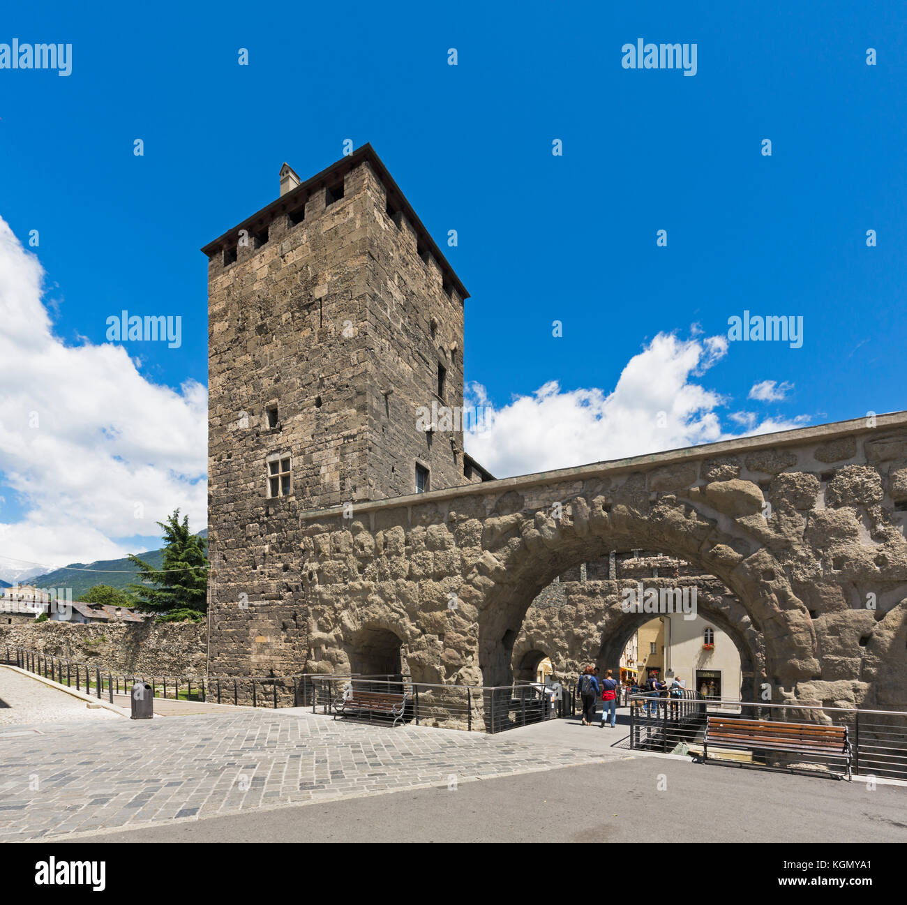 Aosta, Aosta Valley, Italy.  The Praetorian Gate, or Porta Praetoria which gave eastern access to the Roman town of Augusta Praetoria. Stock Photo
