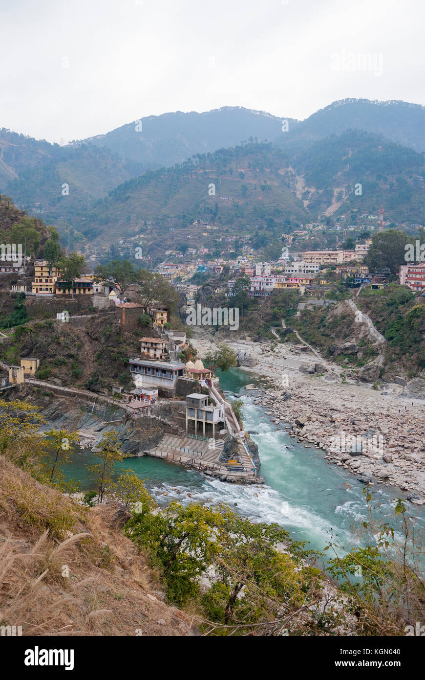 Rudraprayag, town of Uttarakhand. Rudraprayag is one of the Panch Prayag of Alaknanda River, the point of confluence of rivers Alaknanda and Mandakini Stock Photo