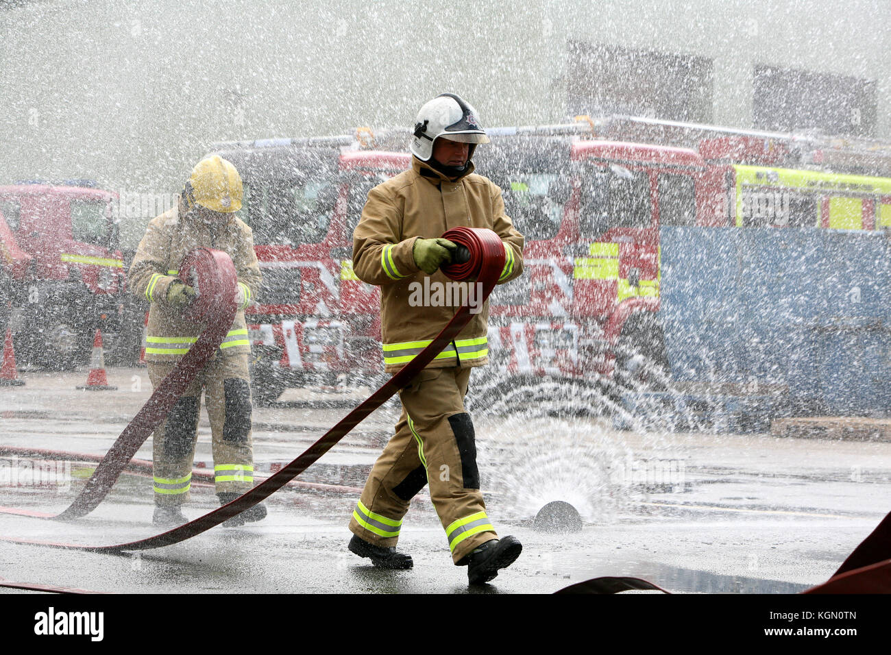 Mid and West Wales Fire and Rescue crew  training at Earlswood depot, Jersey Marine, Swansea, Wales, UK Stock Photo