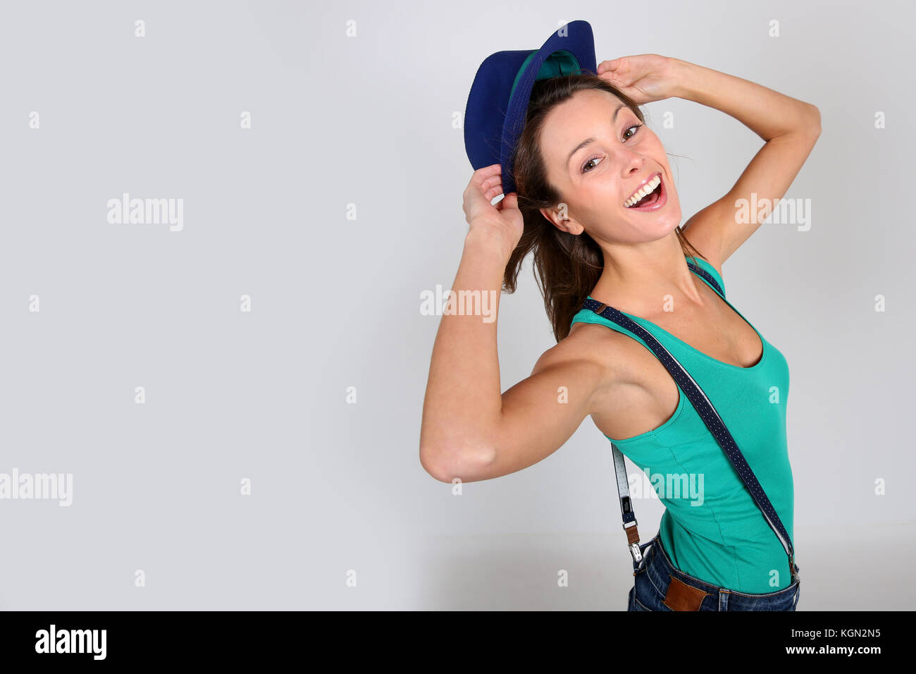 Woman wearing suspenders hi-res stock photography and images - Alamy