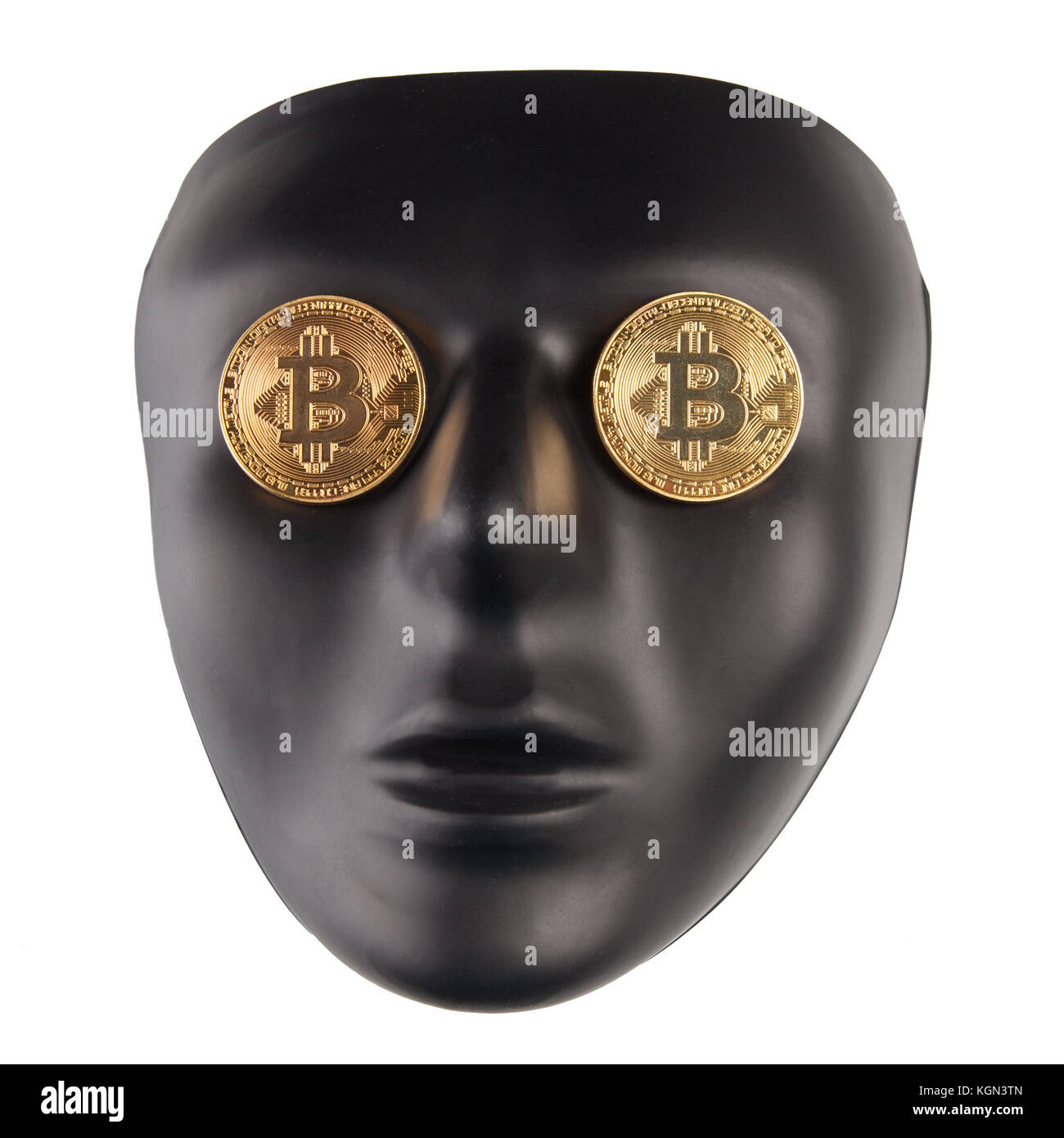 Black face mask with golden bitcoins placed on eyes isolated on white.  Anonymity and cryptocurrency concept Stock Photo - Alamy