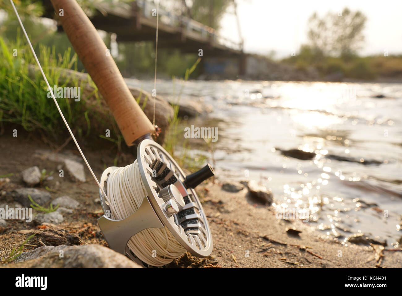 Closeup of fly fishing line and fishing reel Stock Photo - Alamy