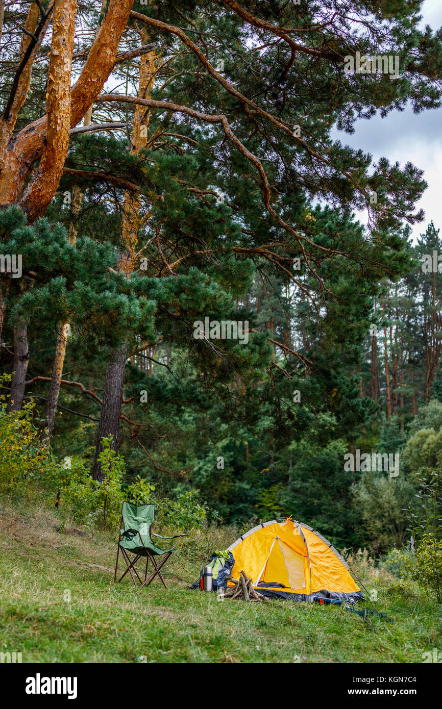 camping with tent in forest Stock Photo - Alamy