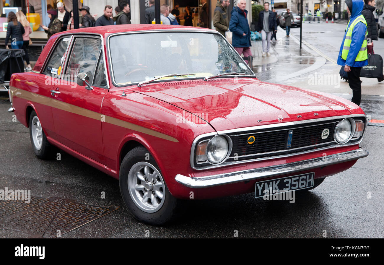 A 1970 Ford Lotus Cortina MkII, on display at the 2017 Regents Street Motor Show Stock Photo