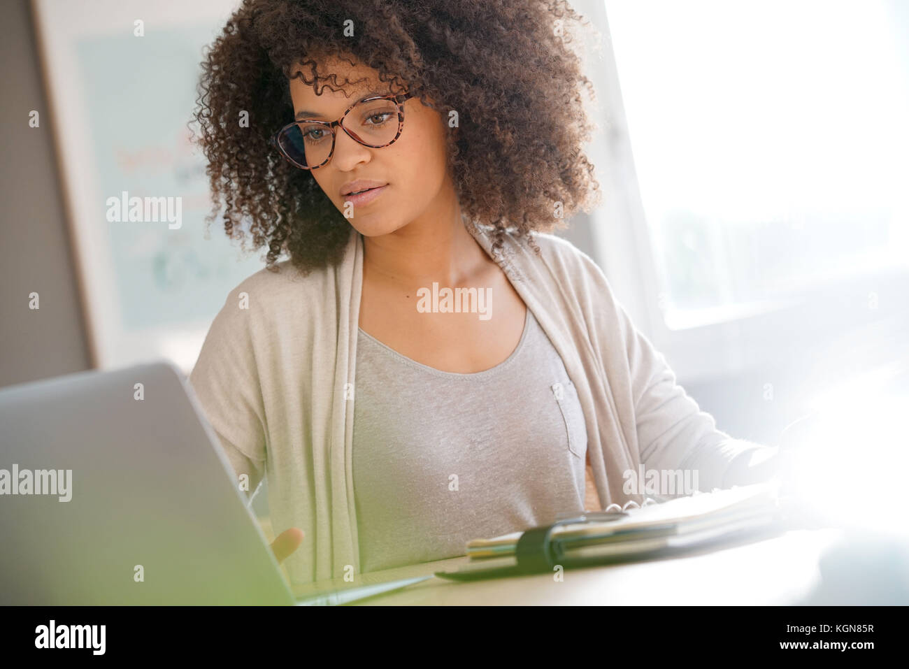 Mixed race woman working from home on laptop computer Stock Photo Alamy