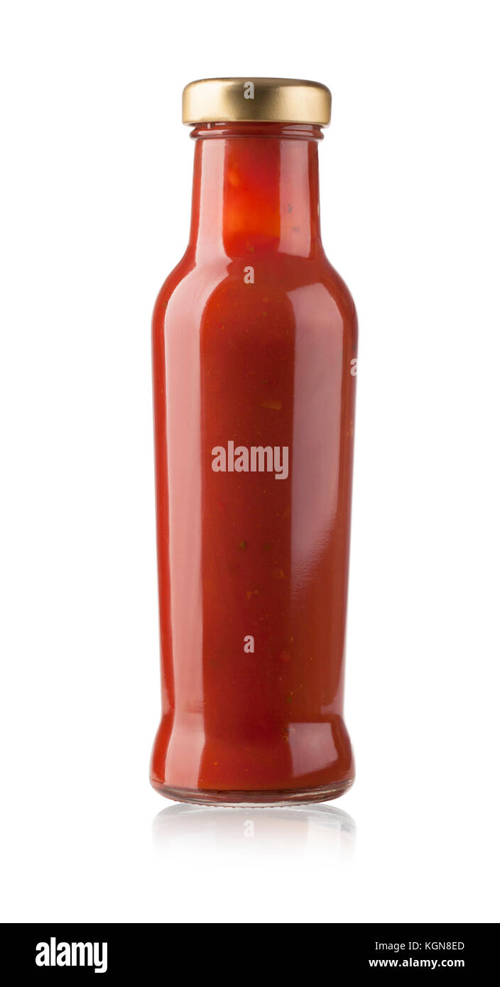 glass jar of hot tomato sauce on a white background. with clipping path