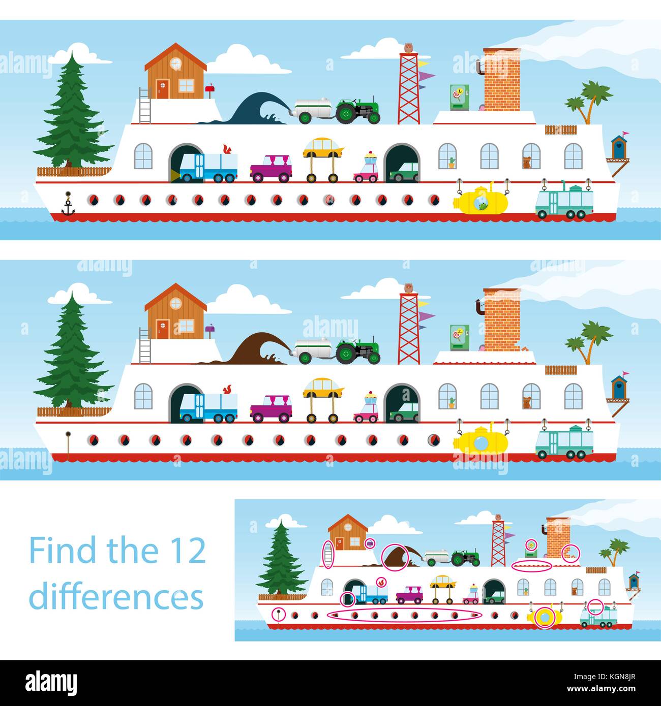 Find differences, education game for children. Colorful cruise ship or ...