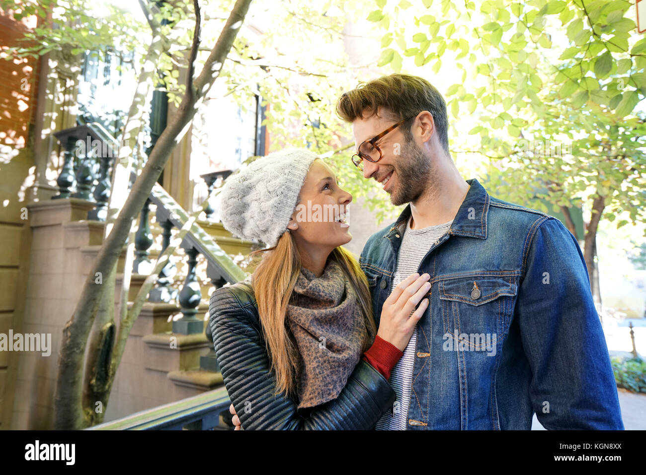 Trendy in love couple enjoying walk in Greenwich village Stock Photo