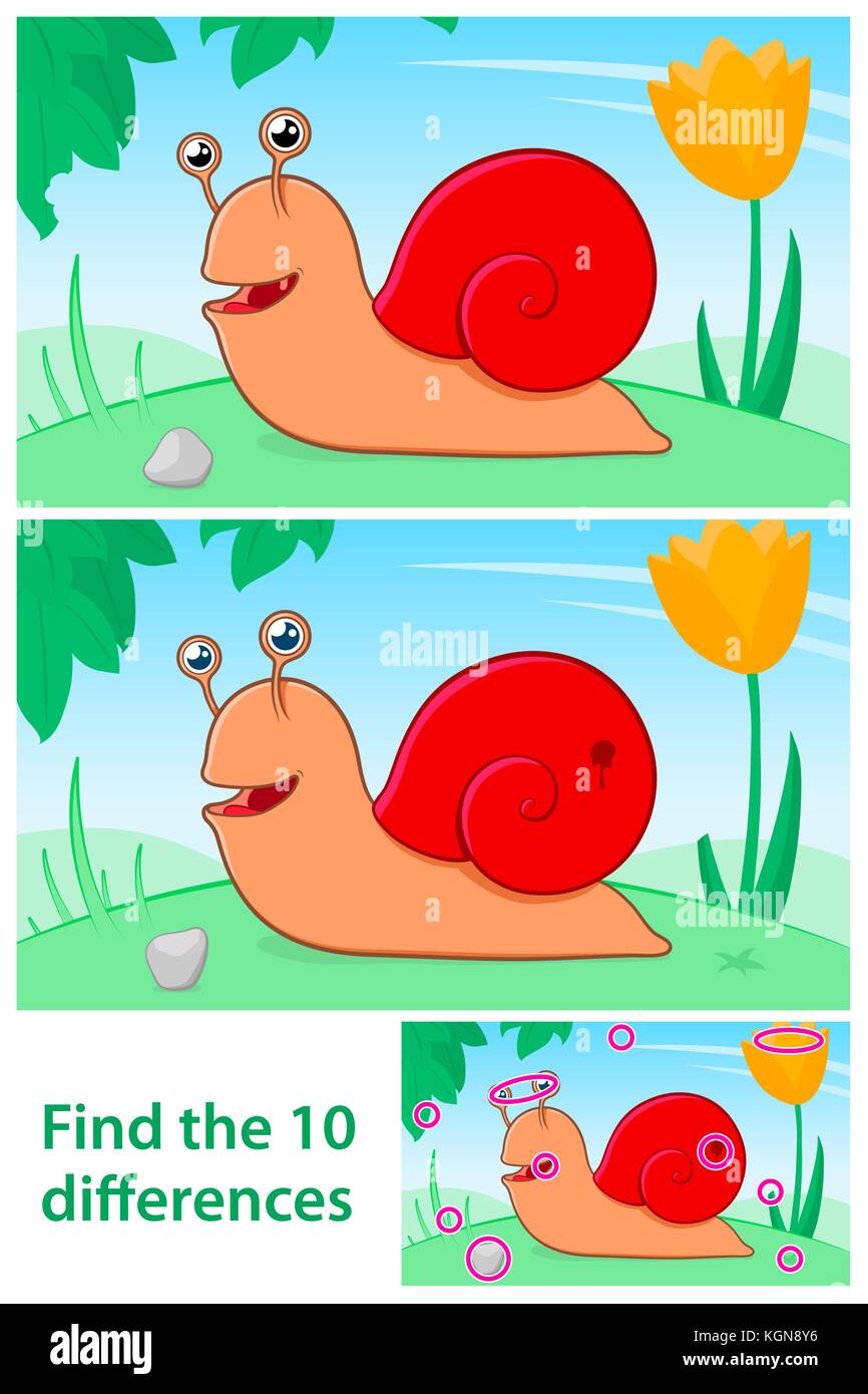 Find differences, education game for children. Cute cartoon snail in garden. Stock Vector