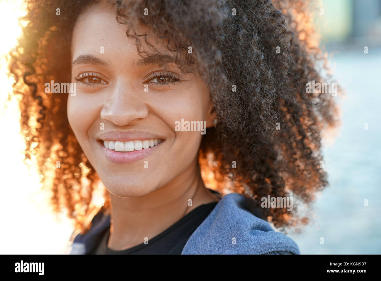 Portrait of beautiful mixed raced girl in Brooklyn heights promenade Stock Photo