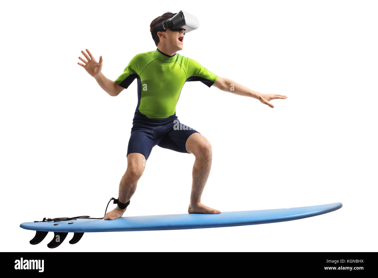 Teenage boy with a VR headset surfing isolated on white background Stock Photo