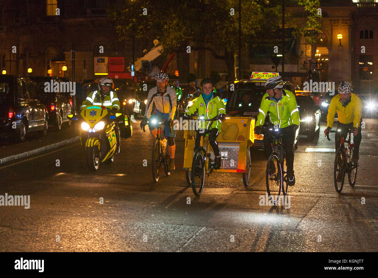 London, UK. 9th Nov, 2017. The BBC's One Show Rickshaw Challenge with a team of six riders sets off with presenter Matt Baker and seventeen year-old Luke from the Wirral on the first leg of their epic ride to the Clyde. Credit: Steve Parkins/Alamy Live News Stock Photo