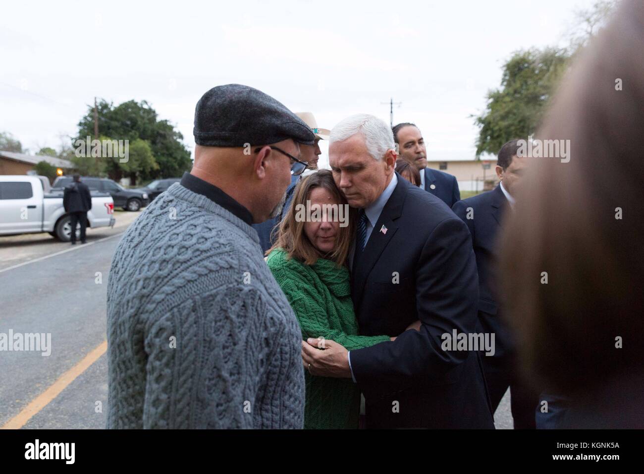 Texas, USA. 8th November, 2017. U.S. Vice President Mike Pence comforts a woman during a meeting with family members and victims of the Sutherland Springs Baptist Church shooting November 8, 2017 in Floresville, Texas. Credit: Planetpix/Alamy Live News Stock Photo