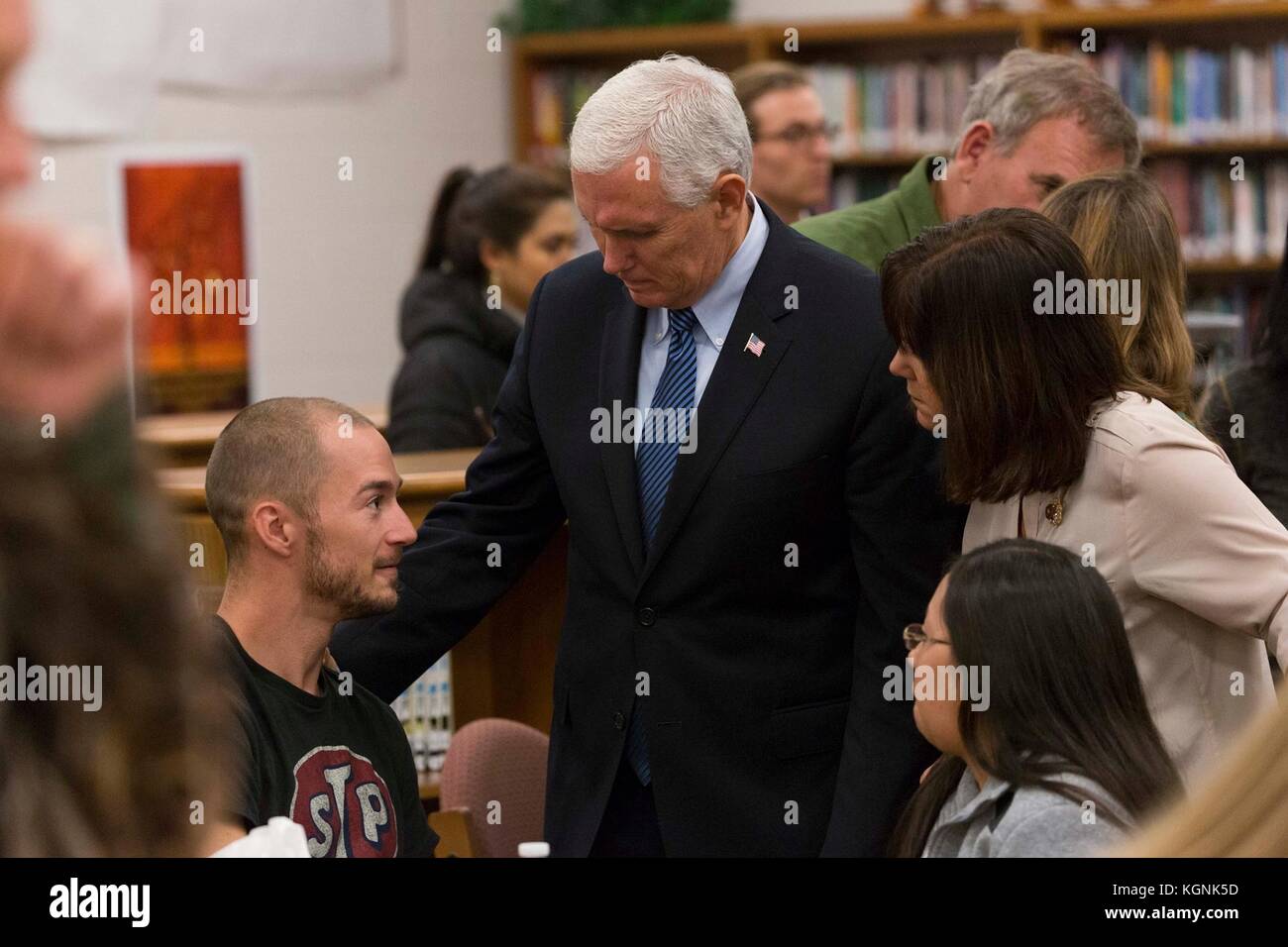 Texas, USA. 8th November, 2017. U.S. Vice President Mike Pence and Karen Pence comforts victims and family members of the Sutherland Springs Baptist Church shooting November 8, 2017 in Floresville, Texas. Credit: Planetpix/Alamy Live News Stock Photo
