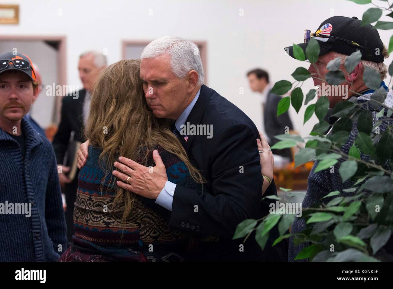 Texas, USA. 8th November, 2017. U.S. Vice President Mike Pence comforts a family members of the Sutherland Springs Baptist Church shooting during a visit to Brooke Army Medical Center November 8, 2017 in San Antonio, Texas. Credit: Planetpix/Alamy Live News Stock Photo
