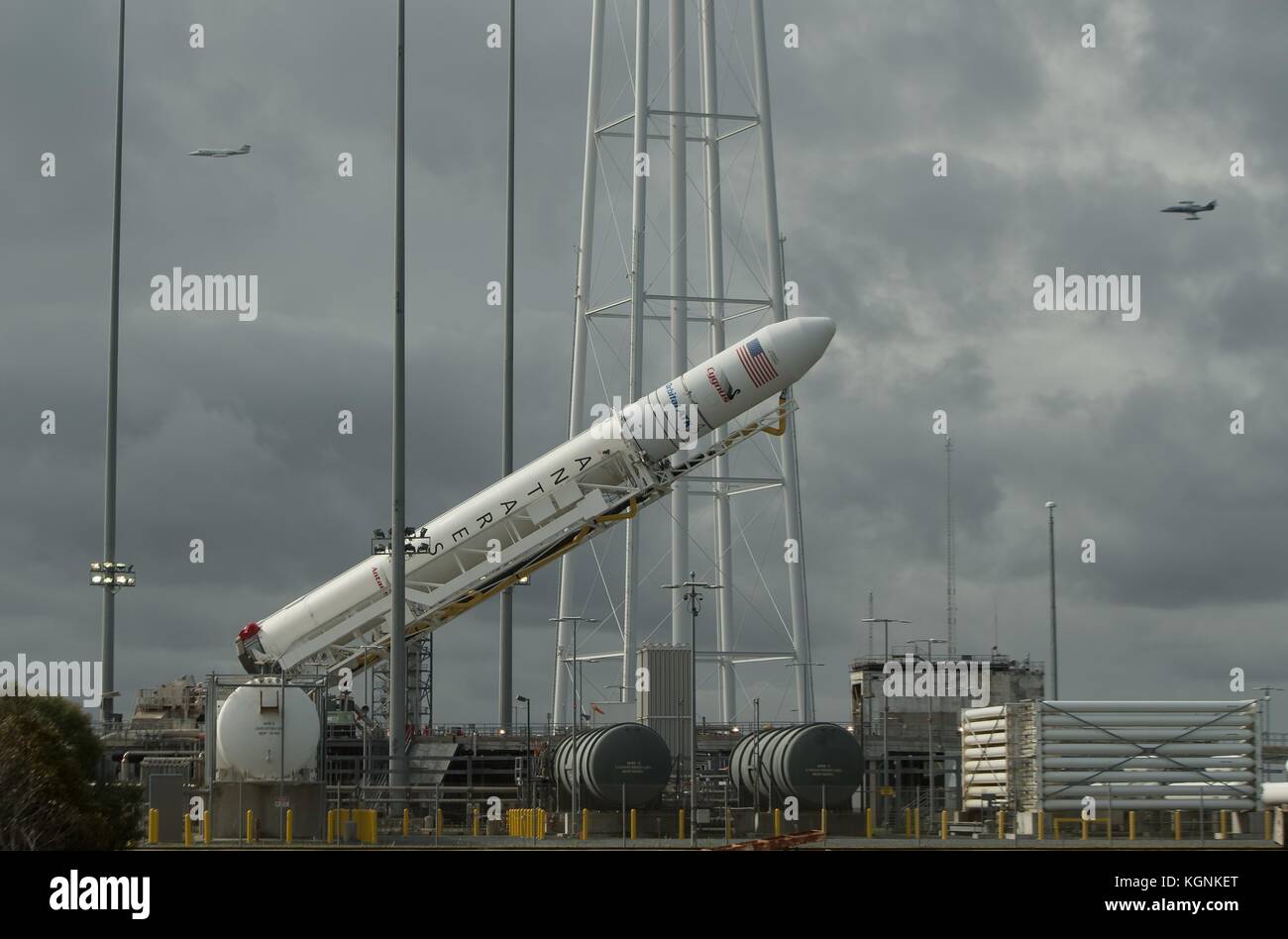 Wattsville, Virginia, USA. 09th Nov, 2017. The Orbital ATK Antares rocket is raised into the vertical position on launch Pad-0A at Wallops Flight Facility November 9, 2017 in Wattsville, Virginia. The rocket will carry over 7,400 pounds of supplies to the International Space Station. Credit: Planetpix/Alamy Live News Stock Photo