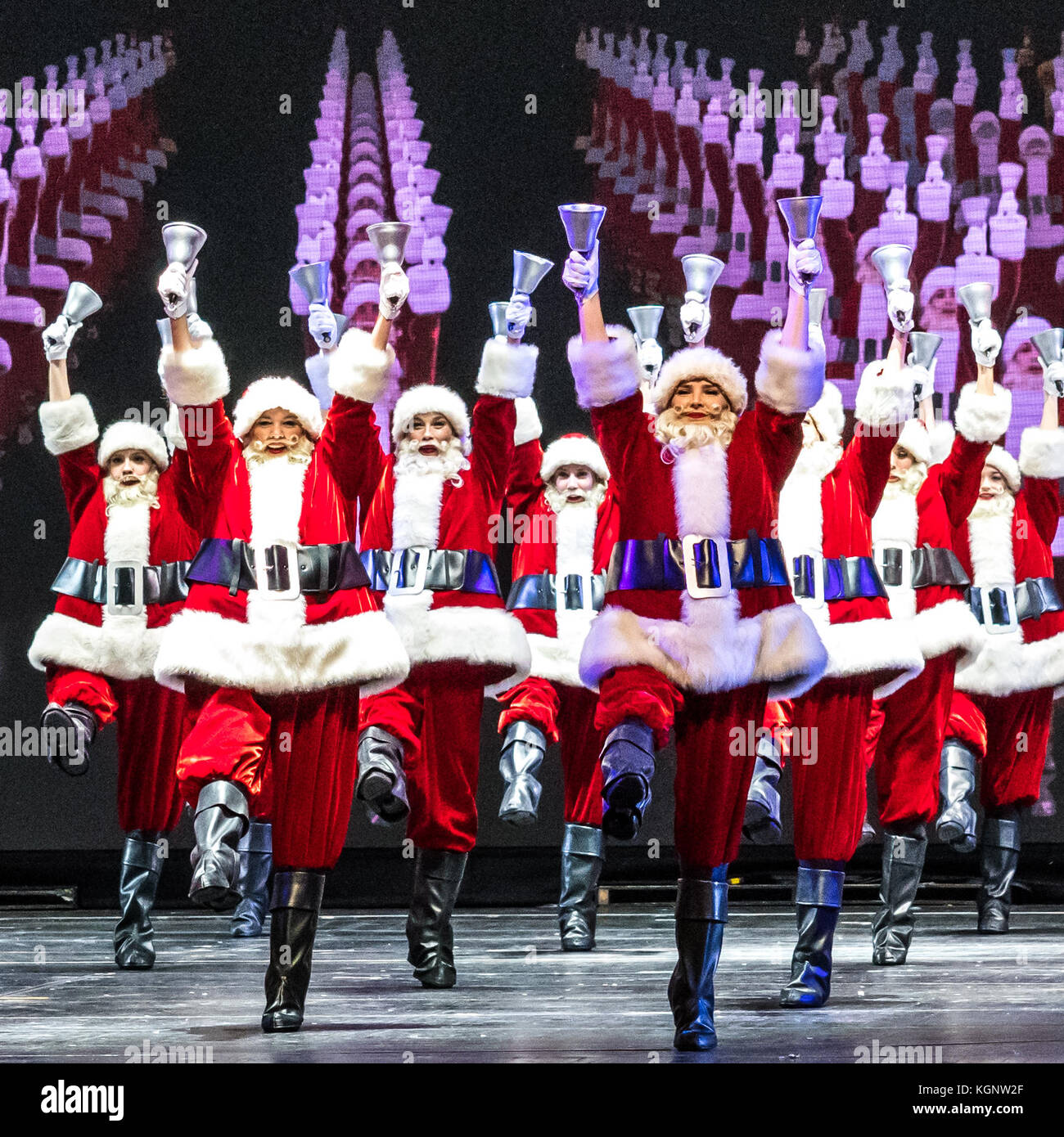 New York, USA, 10 Nov 2017. Radio City Rockettes in Santa Claus costumes  dance during the opening day of the 2017 Christmas Spectacular show at New  York's Radio City Music Hall. The