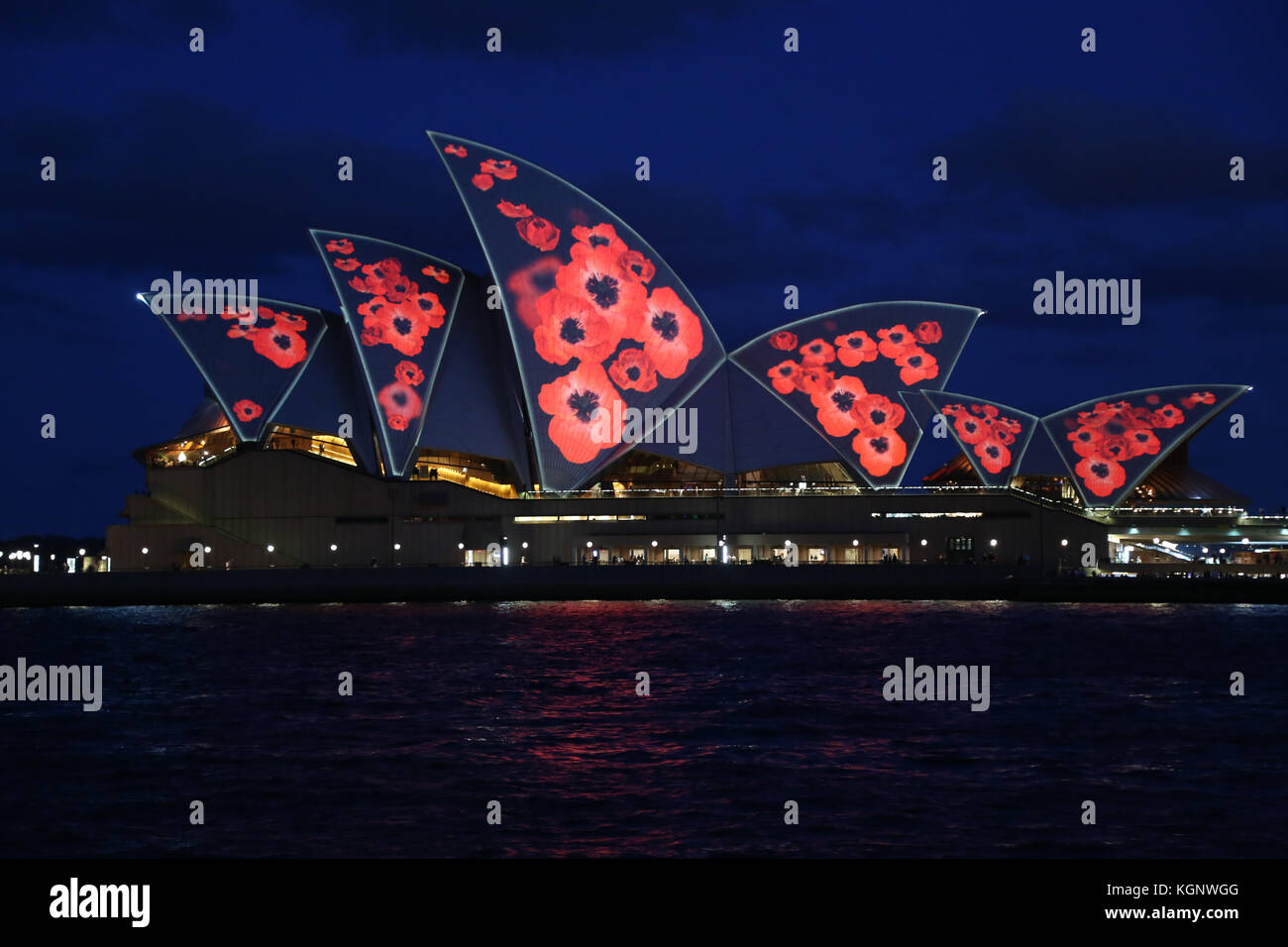 Sydney, Australia. 11th Nov, 2017. The sails of the Sydney Opera House light up with red poppies from 8pm to 1am to mark Remembrance Day and to commemorate the Centenary of Anzac. Minister for Veterans Affairs David Elliott said the projection of the Flanders poppy on to an iconic Australian landmark reinforces the respect and appreciation that the community has for our service personnel. Credit: Richard Milnes/Alamy Live News Stock Photo