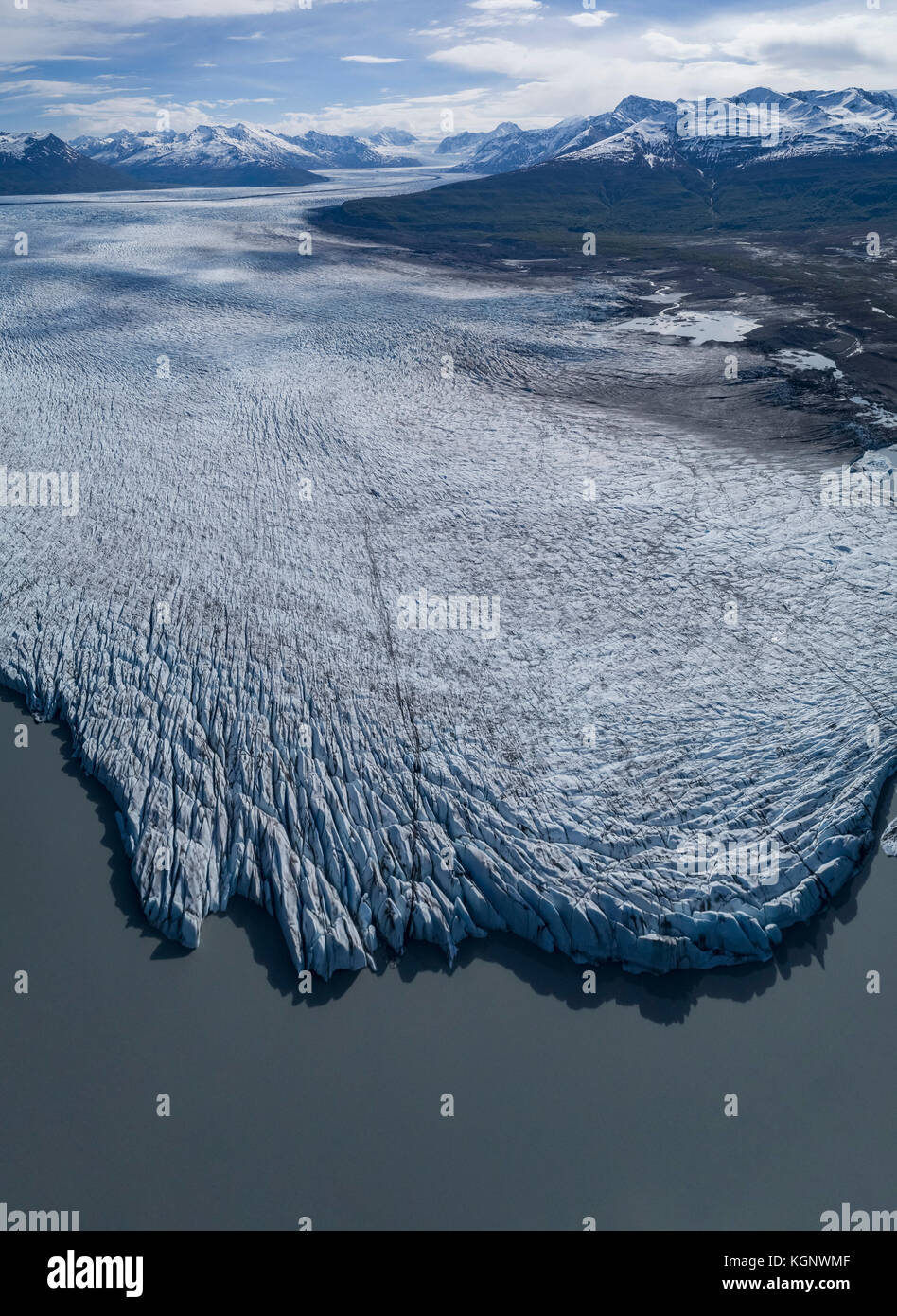 Aerial view of glacier by lagoon, Knik Glacier, Palmer, Alaska, USA Stock Photo