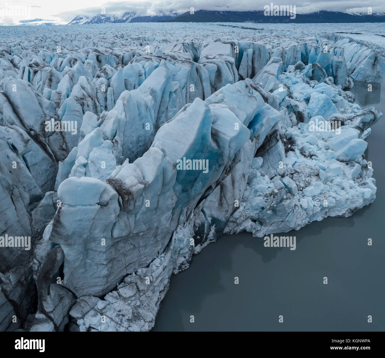 Drone view of glacier in lagoon, Knik Glacier, Palmer, Alaska, USA Stock Photo