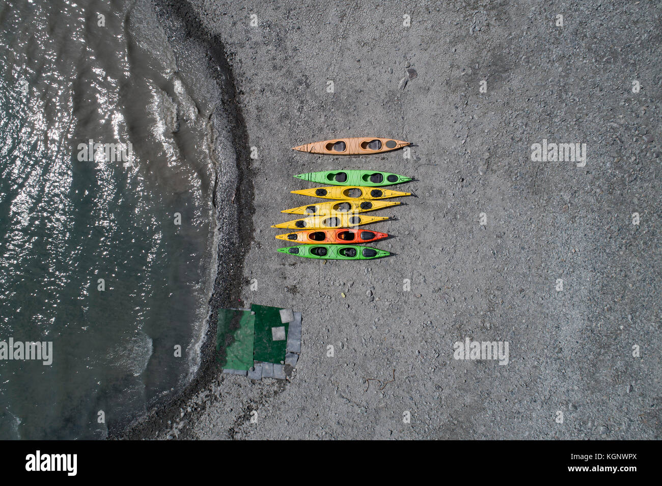 Drone view of colorful canoes at beach, Anchorage, Alaska, USA Stock Photo