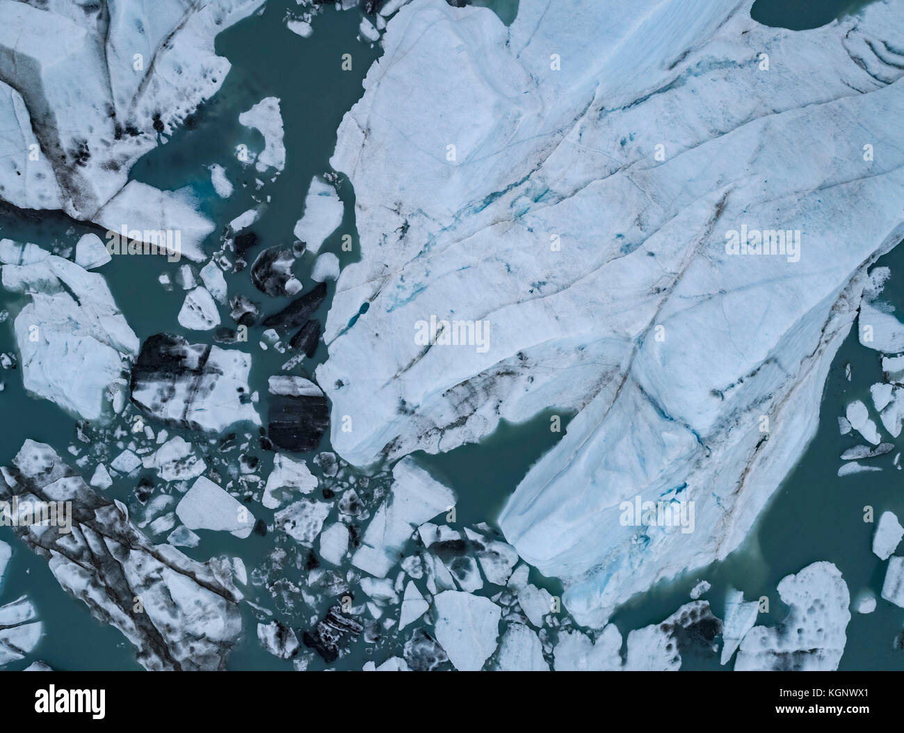 Drone view of icebergs in lagoon, Lake George, Palmer, Alaska, USA Stock Photo