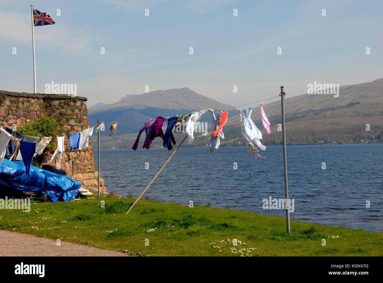 Domestic washing on the line by Loch Fyne, Inveraray, Scotland Stock Photo