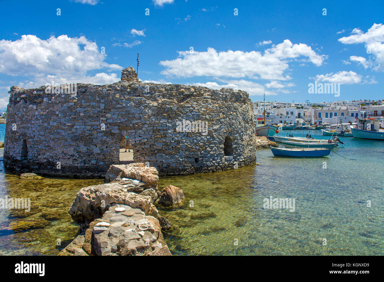 Old venetien Fort at the harbour of Naoussa, Paros, Cyclades, Greece, Mediterranean Sea, Europe Stock Photo