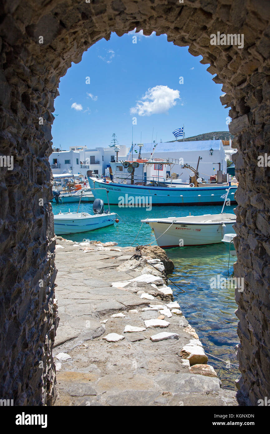 View from entrance of the old venetien Fort on the harbour of Naoussa, Paros, Cyclades, Greece, Mediterranean Sea, Europe Stock Photo