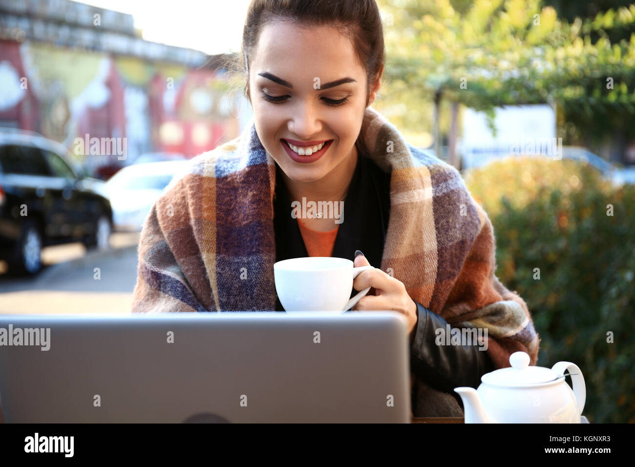 Beautiful brunette woman using notebook in cafe Stock Photo - Alamy