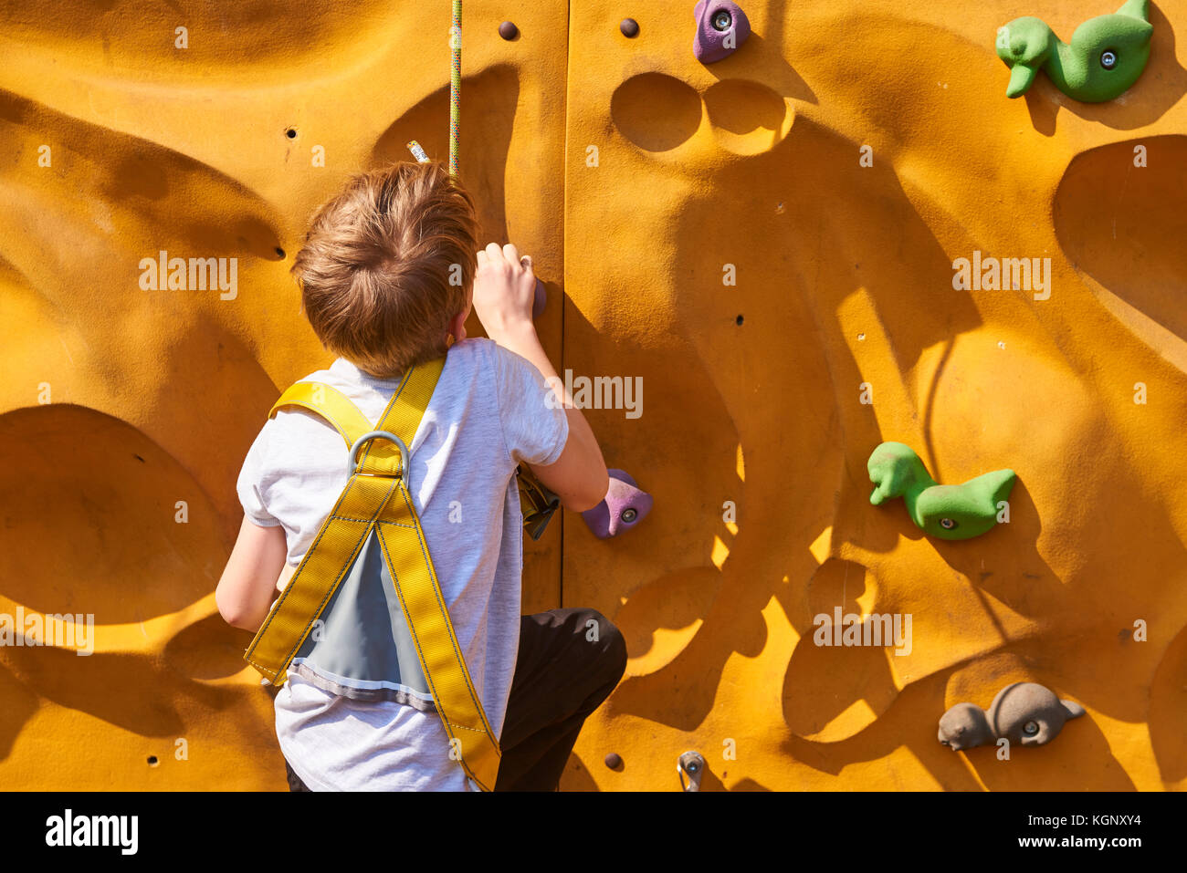 Child climbing a rock wall outdoor bouldering Stock Photo Alamy