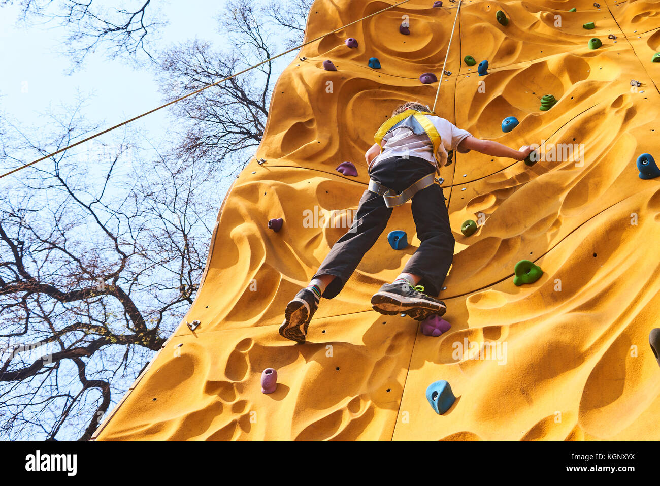 Child climbing a rock wall outdoor bouldering Stock Photo Alamy