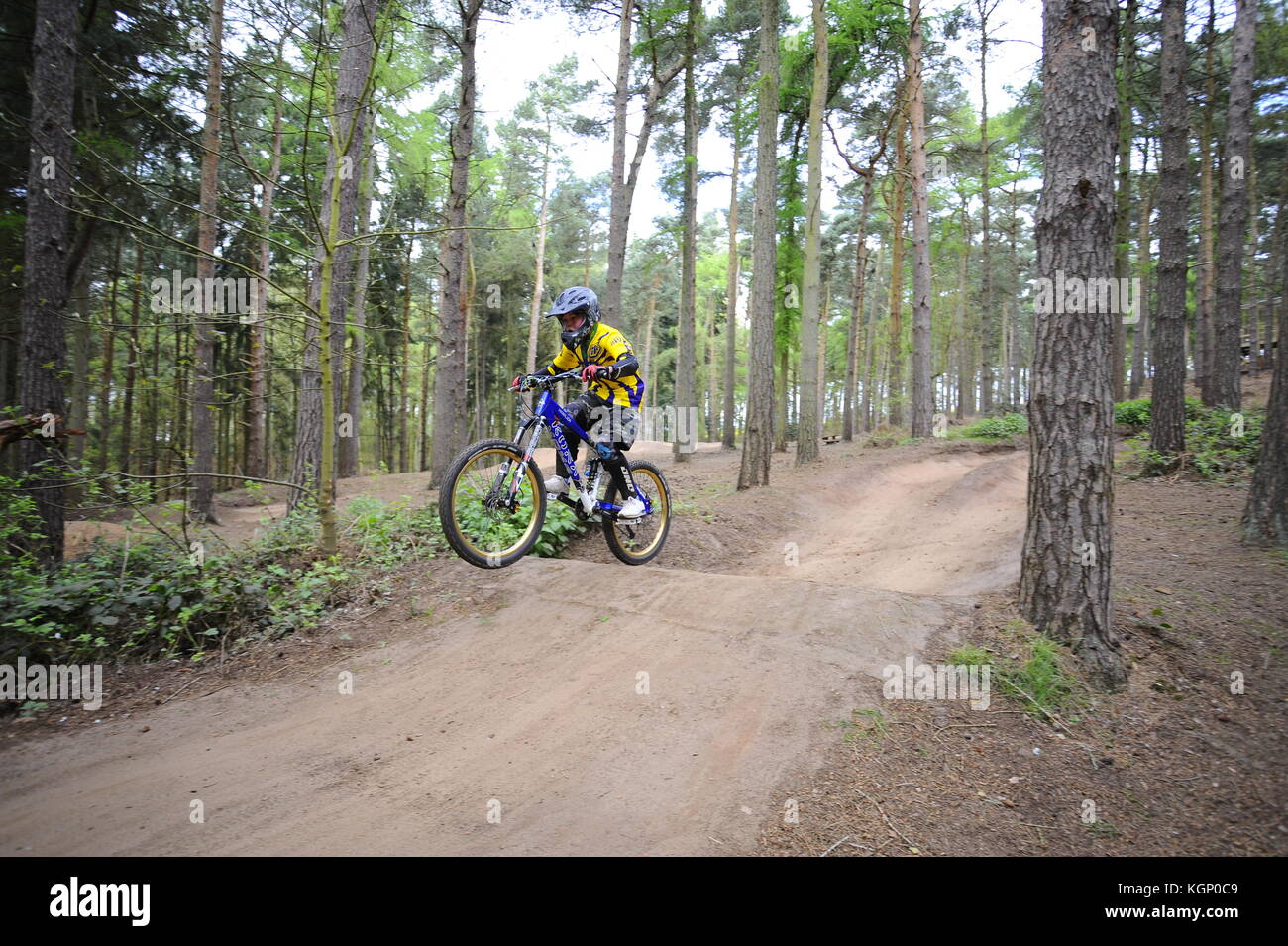 Mountain biking at Chicksands, Bedfordshire. Riders descending down a steep track littered with jumps and berms. Stock Photo