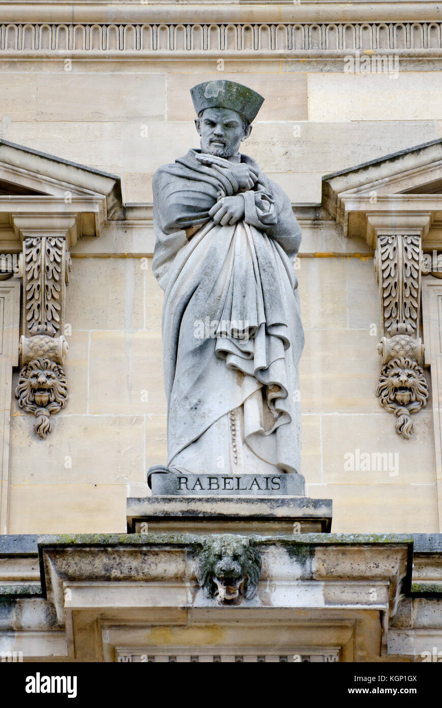 Paris, France. Palais du Louvre. Statue in the Cour Napoleon: François Rabelais (c1490 – 1553) writer, scholar, physician, humanist and monk Stock Photo