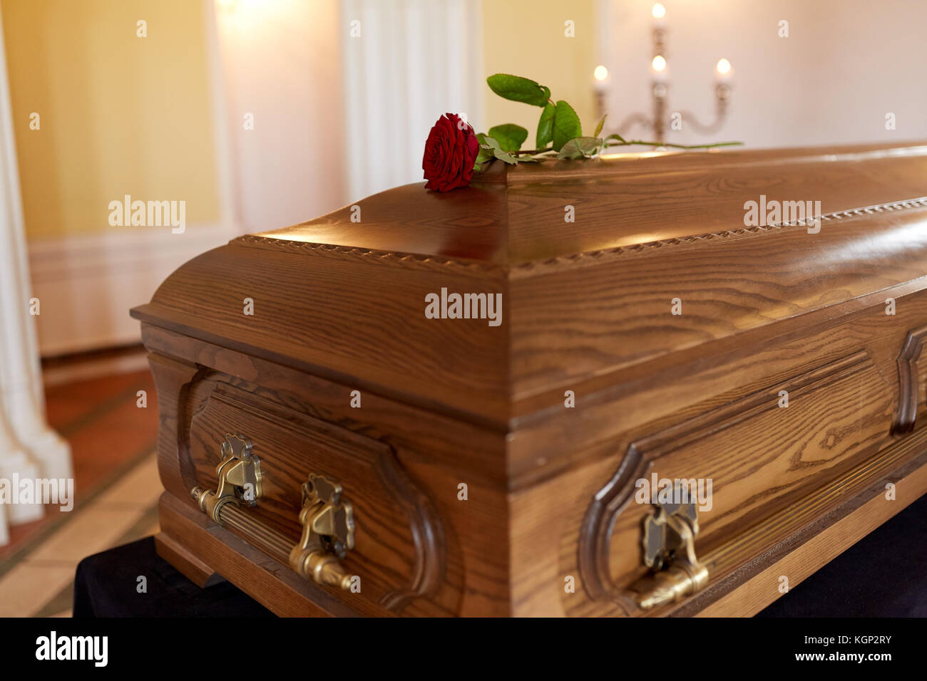 red rose flower on wooden coffin in church Stock Photo Alamy