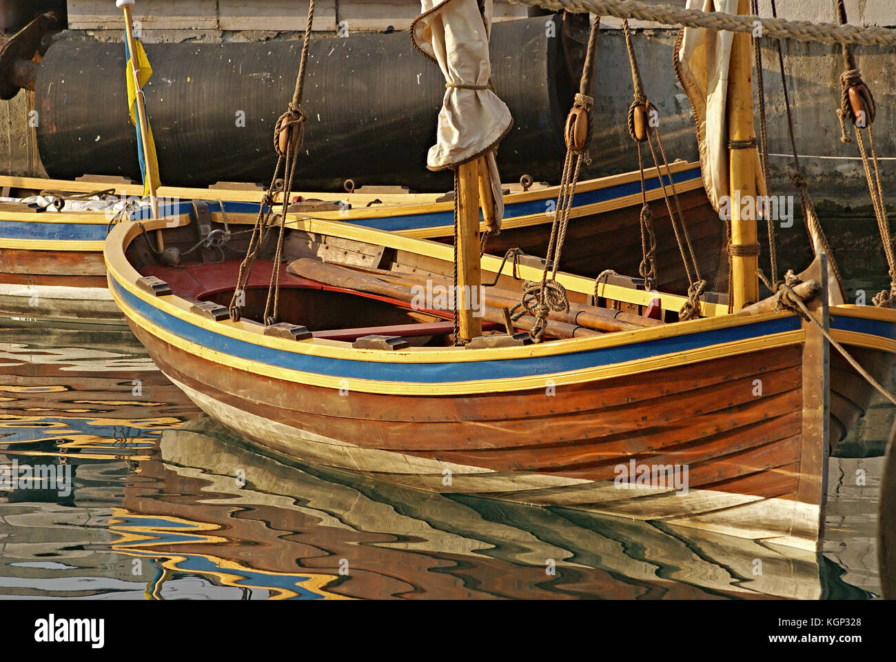 Wooden rowboat of the swedish Götheborg sailing ship Stock Photo
