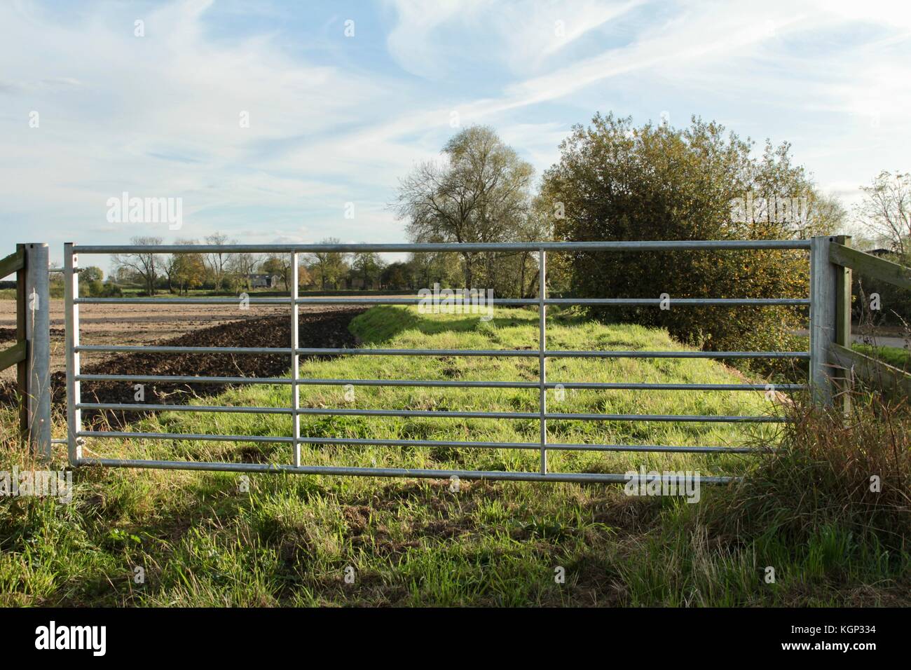 Closed galvanised metal farm gate into green pathway. Stock Photo