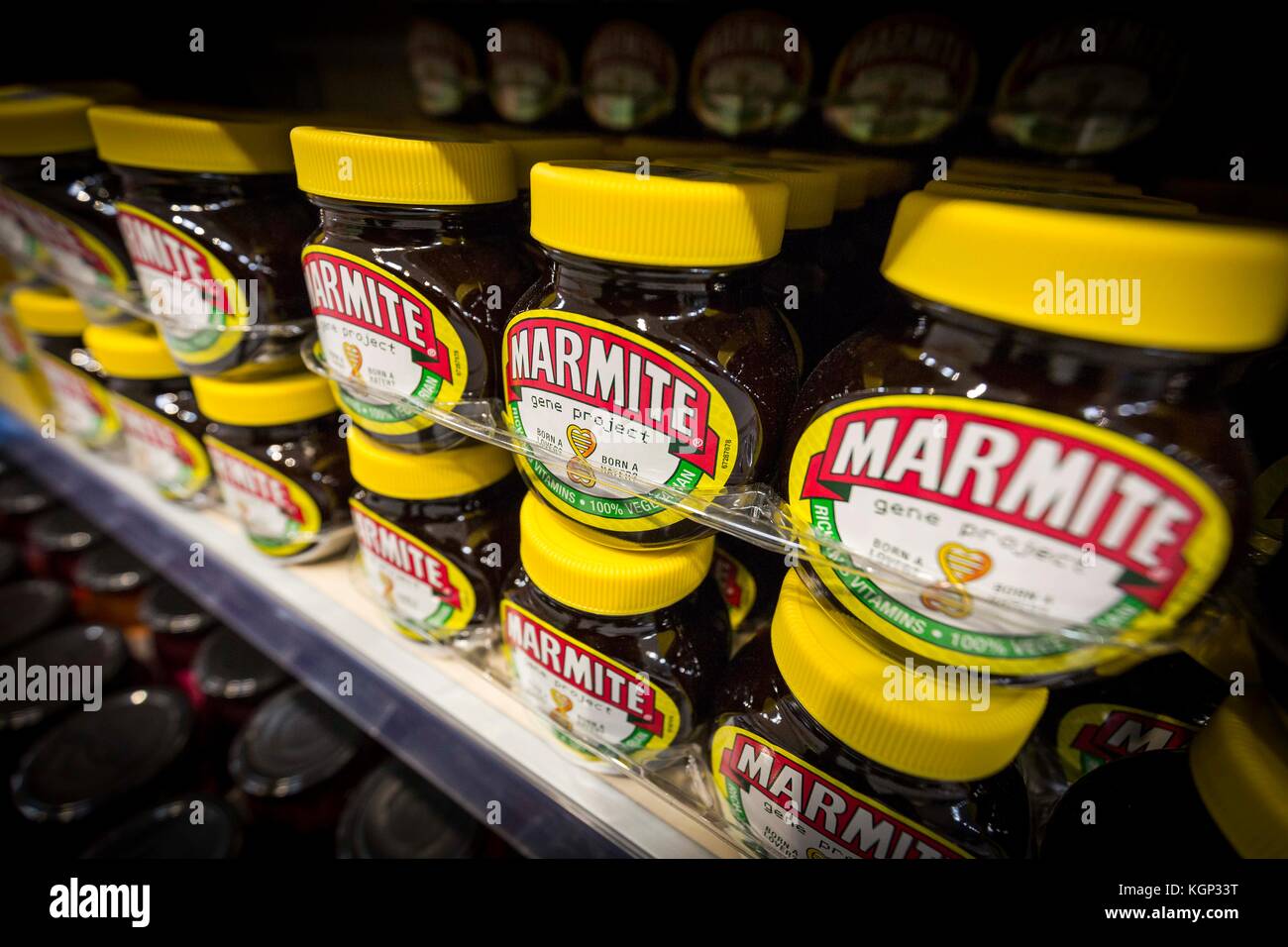 Jars of Marmite on a supermarket shelf Stock Photo