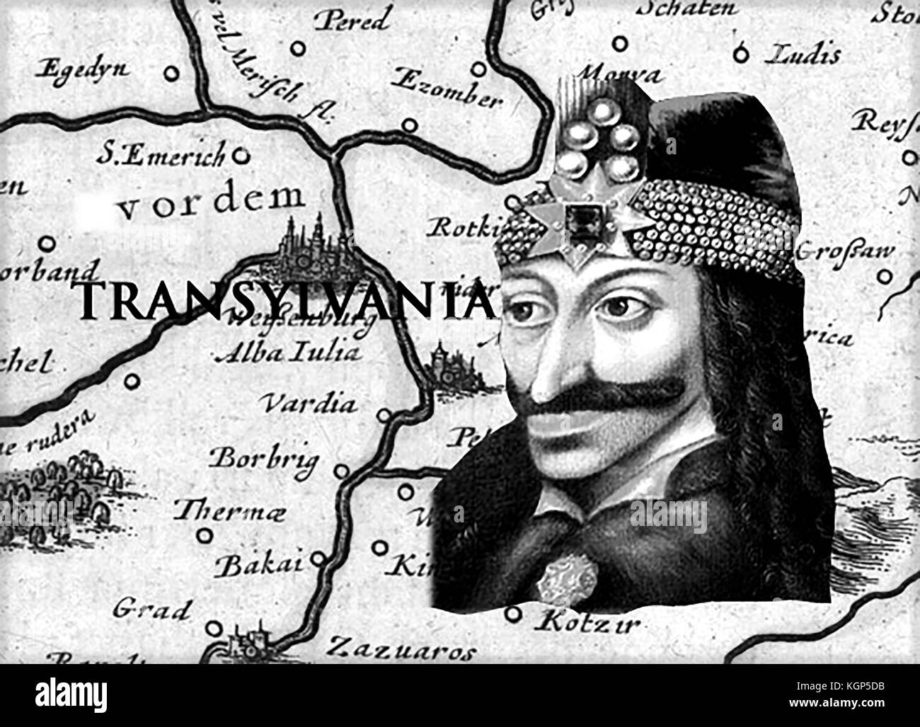 DRACULA - A portrait of Prince Vlad  (aka Vlad Dracul,  or Vlad the Impaler) also Vlad the Dragon as he was a member of  the Order of the Dragon, with an old map of Wallachia Transylvania Stock Photo