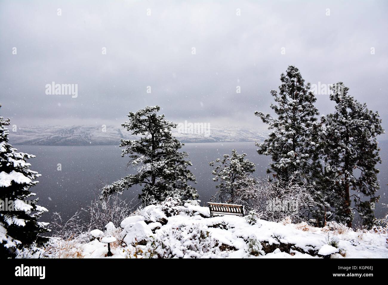 Snowing in Okanagan in November, Peachland, British Columbia Stock Photo