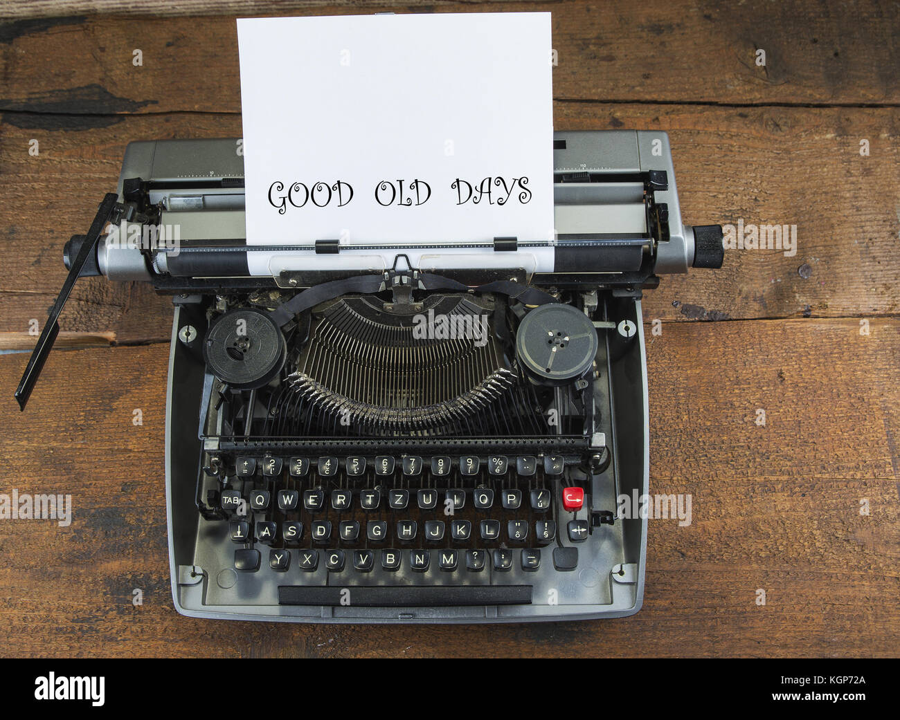 Old typewriter from seventies with paper and copy space. Good old days. Stock Photo