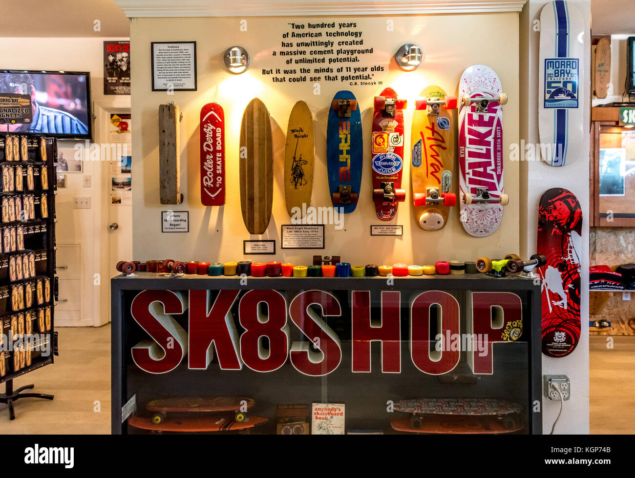 Interior of Morro Bay Skateboard Museum with display of assorted vintage skateboards and wheels, California, USA. Stock Photo