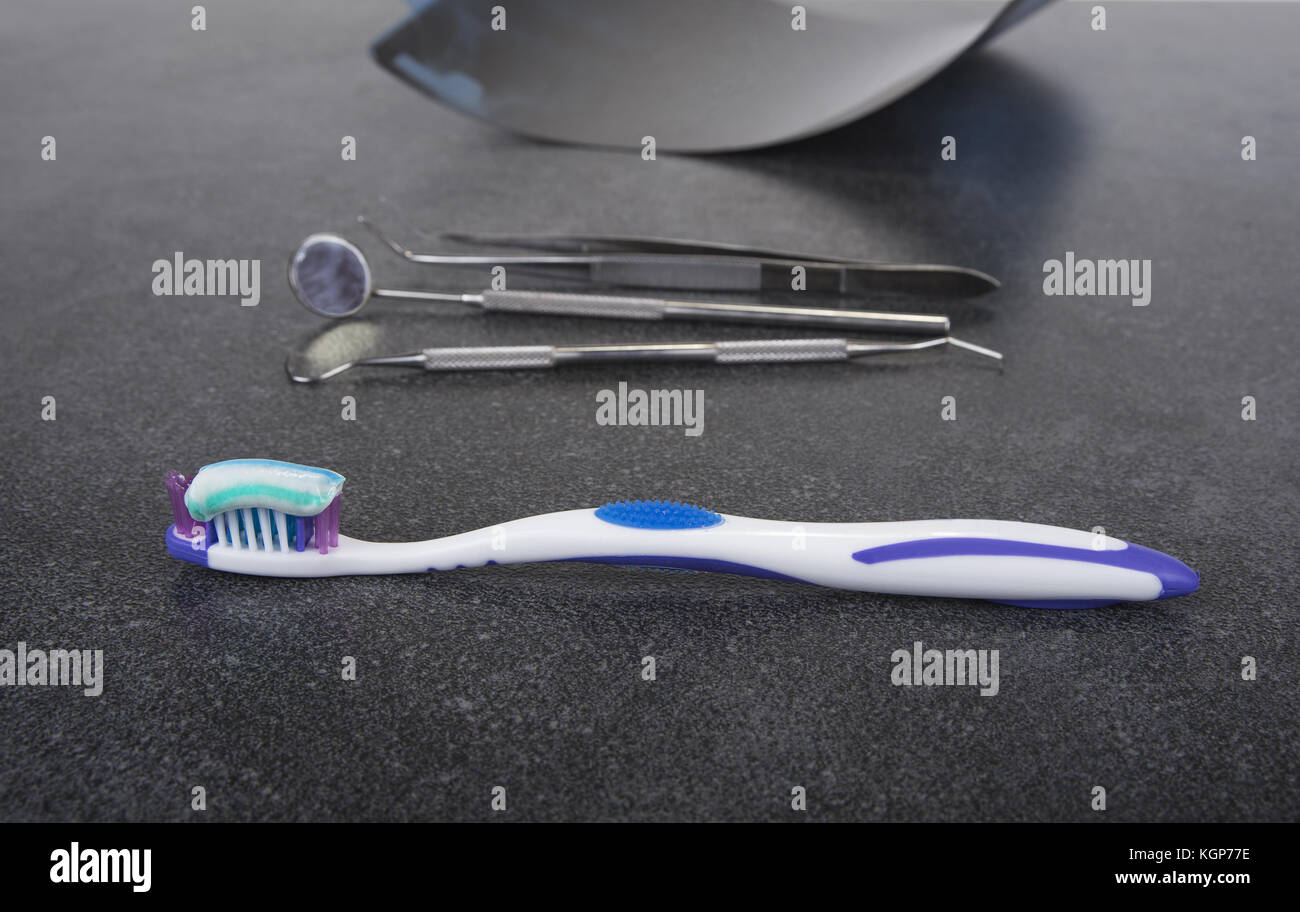 Tooth brush and paste with dental tools. Clean your teeth scene Stock ...
