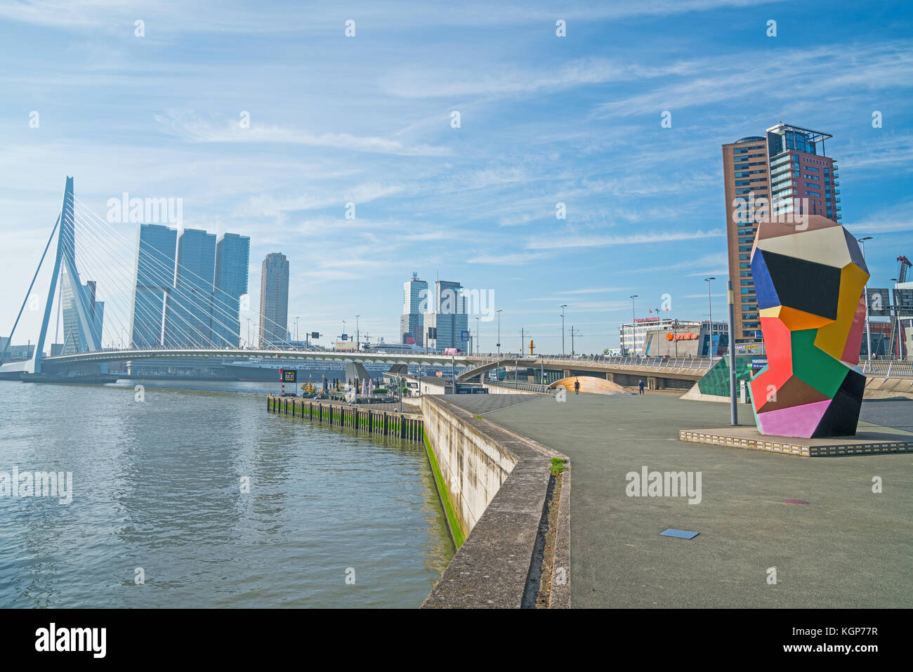 ROTTERDAM, HOLLAND -AUGUST 22, 2017; Multi-colored cubic sculpture Marathon Image on waterfront in Erasmuburg district with city's stunning modern arc Stock Photo