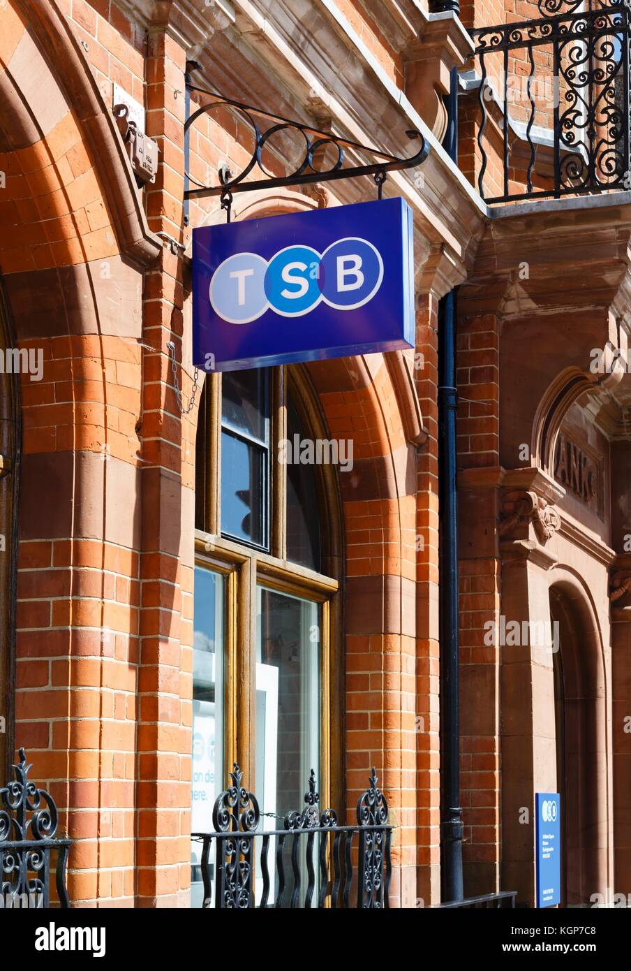TSB bank (Trustee Savings Bank) logo sign hanging outside a bank Stock Photo