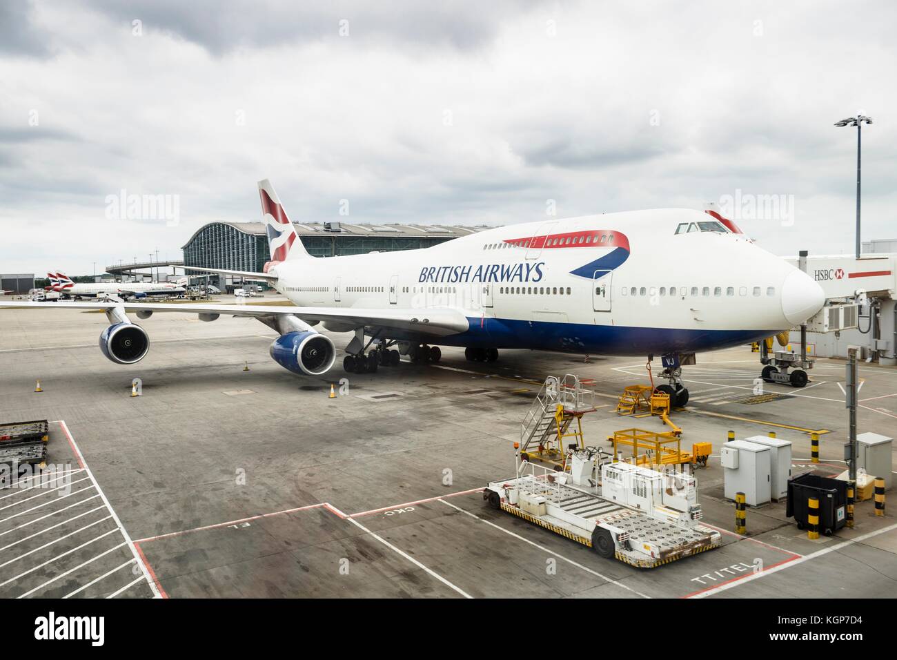 British Airways Boeing 747 airliner parks at a gate at Heathrow Airport