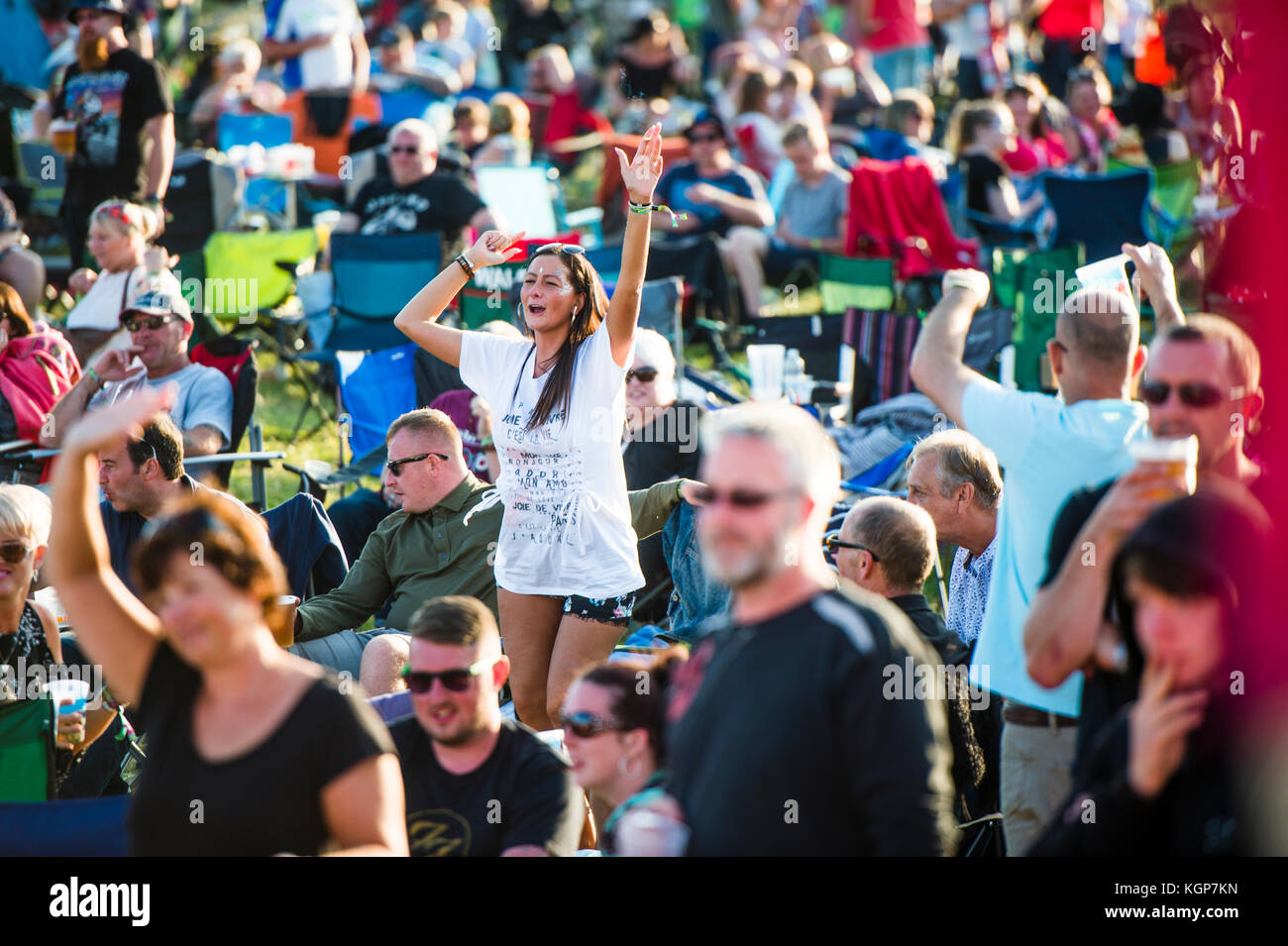 Crowds of fans enjoying the performances at the Big Tribute music festival, held on the outskirts of Aberystwyth Wales on August Bank Holiday weekend 2017. The fetsival showcases covers acts and tribute bands and attracts thousands of fans from all over the UK Stock Photo