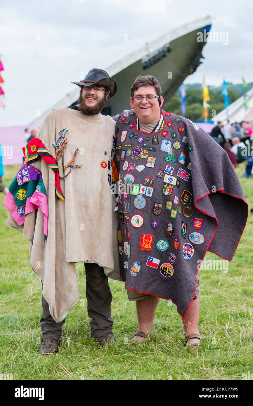 Two men wearing their scout blankets at the Big Tribute music festival, held on the outskirts of Aberystwyth Wales on August Bank Holiday weekend 2017. The fetsival showcases covers acts and tribute bands and attracts thousands of fans from all over the UK Stock Photo